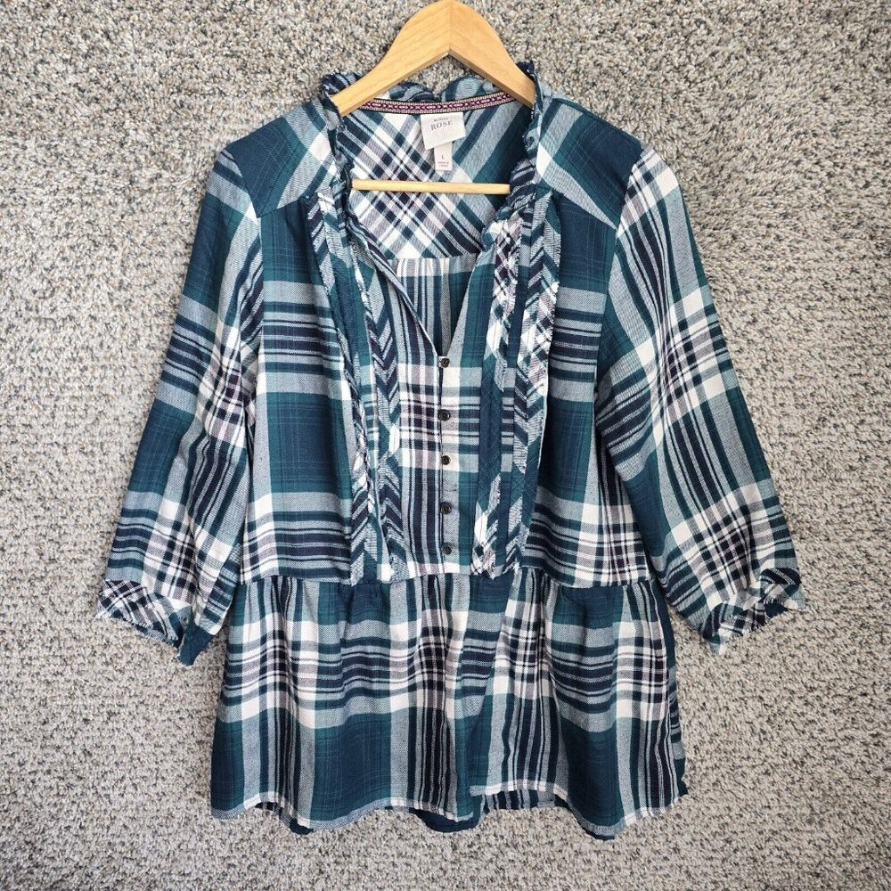 Knox Rose Top Womens Large Green Plaid Ruffle‎ V Neck Blouse Boho Casual Ladies